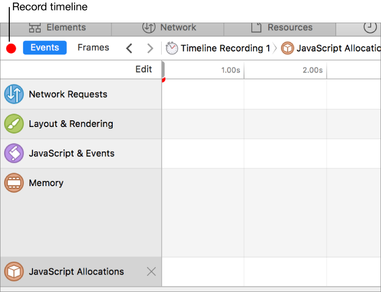 This screenshot shows the Record button in the Timelines tab.