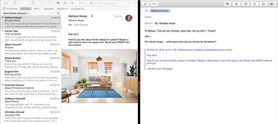Split View mit der E-Mail-Liste neben dem Fenster zum Erstellen einer neuen Nachricht.