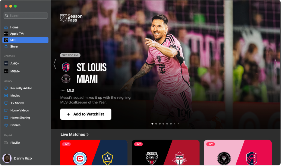 The Apple TV app with MLS open.